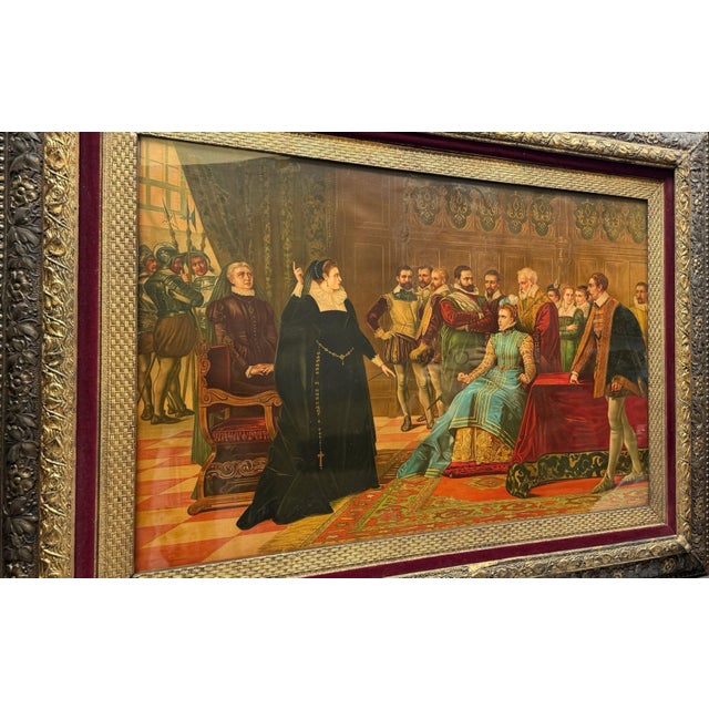 English 19th Century Chromolithograph "Mary Queen of Scots Before Queen Elizabeth I" For Sale - Image 3 of 9
