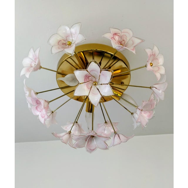 Glass Murano Style Flush Mount Light Pink Flower Ceiling Light Glass Chandelier For Sale - Image 7 of 14