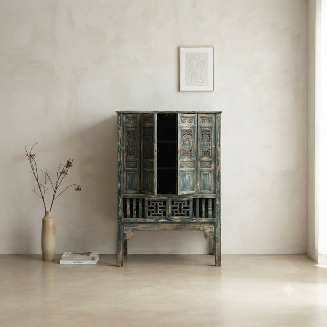 1970s Vintage Distressed Teal Blue Oriental Carving Storage Cabinet For Sale - Image 5 of 12