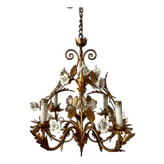 Vintage Italian Style Gilt Tole Chandelier With Porcelain Roses For Sale