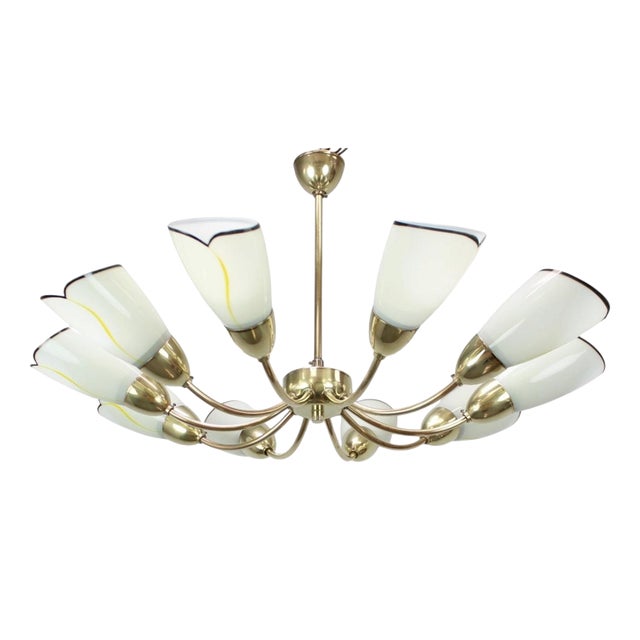 Mid-Century Modern Czechoslovak Brass and Glass 10-Arm Chandelier, 1960s For Sale