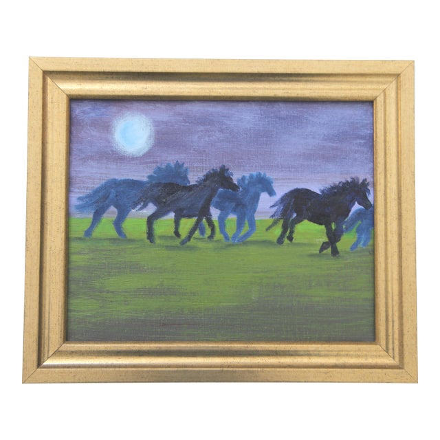 Landscape With Horses Minimalism Abstract Americana Green Blue Original Oil Painting by Cleo Plowden For Sale