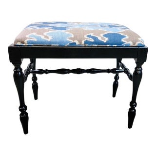 Antique Bench Upholstered in Bengal Bazaar Grey Ikat Indigo Linen Fabric by Kelly Wreastler For Sale