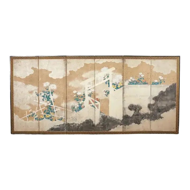 Japanese Meiji Six Panel Screen Brushwood Gate With Chrysanthemums