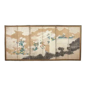 Japanese Meiji Six Panel Screen Brushwood Gate With Chrysanthemums