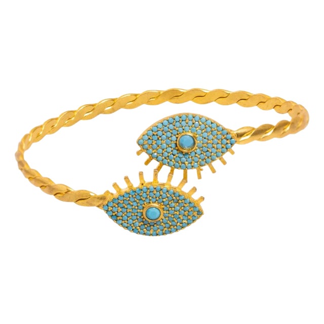 Turquoise Evil Eye Twisted Gold Design Cuff Bracelet For Sale