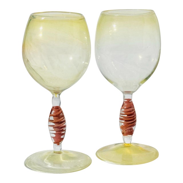 Contemporary Hand-Blown Opalescent Yellow Tint Wine Glasses – Set of 2 Art Glass Stems For Sale