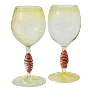 Contemporary Hand-Blown Opalescent Yellow Tint Wine Glasses – Set of 2 Art Glass Stems