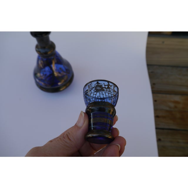 Vintage Mid Century Cobalt Blue Silver Overlay Painted Decanter Set- 4 Pieces For Sale - Image 9 of 13
