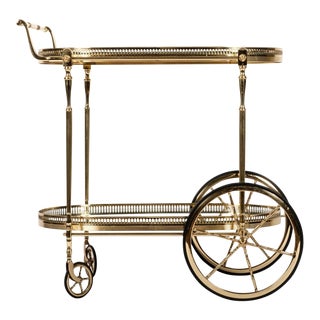 French Vintage Solid Brass Bar Cart With Mirrored Shelves For Sale