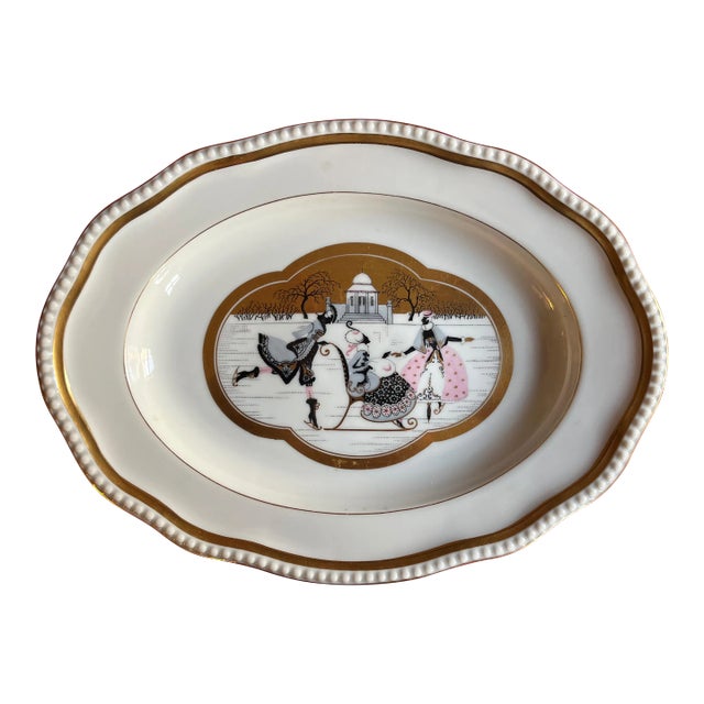 Art Deco Rosenthal Porcelain Rhododendron Oval Platter With Hand Pained Rococo Scene of Ice Skating For Sale