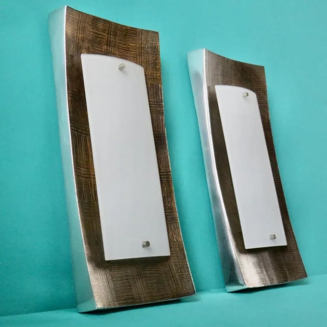 Sconces in Gilded Low Relief Alloy and Opaline Glass. Germany 1980 from Fischer Leuchten, Set of 2 For Sale - Image 3 of 11