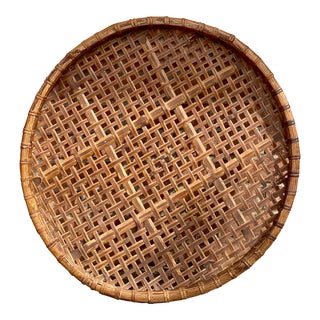 Extra Large Vintage Woven Bamboo Winnowing / Threshing Basket / Tray - 24.5” For Sale