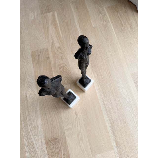 Mid-Century Modern Vintage Brutalust Global Views Giacometti Style Male & Female Figural Sculptures on Marble Bases — Pair For Sale - Image 3 of 6