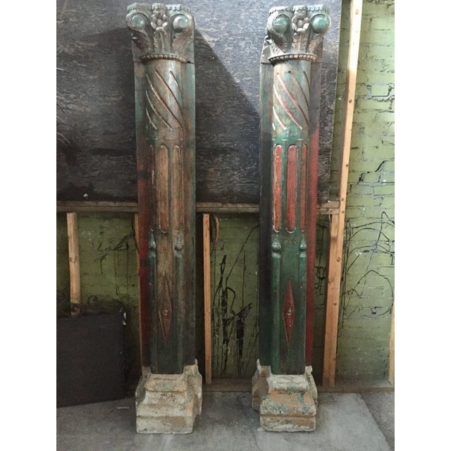 1920s Vintage Painted Carved Wall Mounted Teak Wood Columns- A Pair For Sale - Image 6 of 13