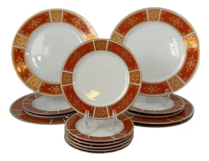 1970s Sango Cumberland Japanese Paprika & Gold Porcelain Dinnerware 15 Pieces