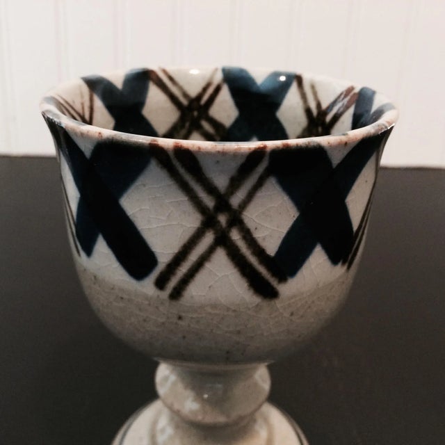 Vintage Pottery Stemmed Goblets Set of 4 gray glaze with a 1 1/2" blue X border around the top. Rustic pattern from the...