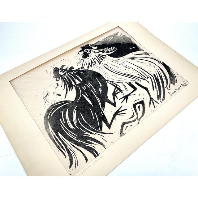 A linocut * from Germany * by Walter Kalot (1909–1996) * Title: Fighting Roosters * signed and dated on the plate * from...
