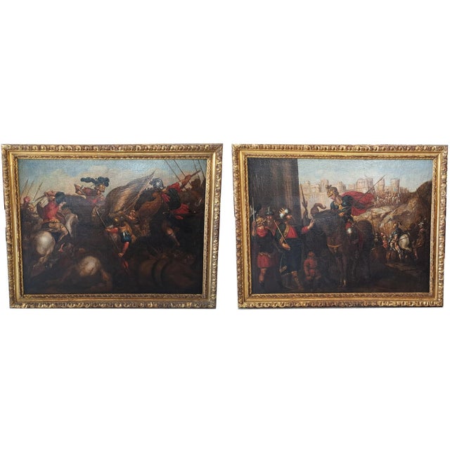 This pair of oil paintings on canvas represents a splendid example of Baroque-era "battle and historical scene" painting...