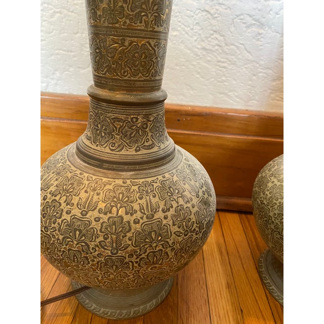 Large MidCentury Modern Etched Brass Table Lamps, India a Pair