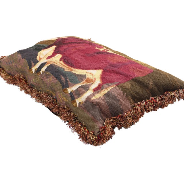 79144 Antique French Needlepoint Shorthorn Ox Tapestry Pillow, 02'09 x 01'09. This exquisite antique French needlepoint...