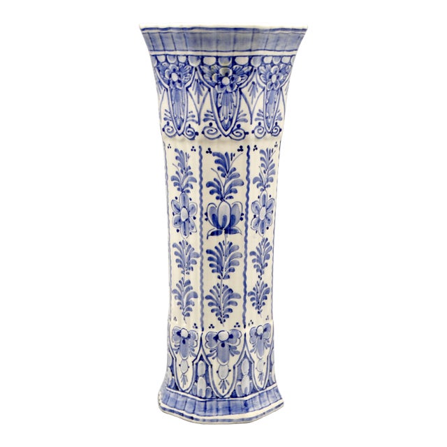 Hand Painted Delftware Chinoiserie Trumpet Vase, 11.5 Inches For Sale