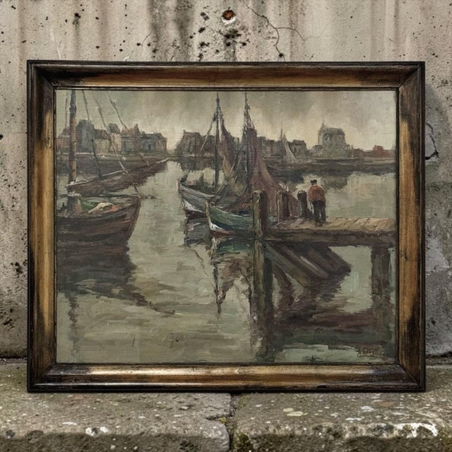 A beautifully composed harbor scene by Belgian artist Achille Sengier (1886–1964), this original oil on canvas depicts...