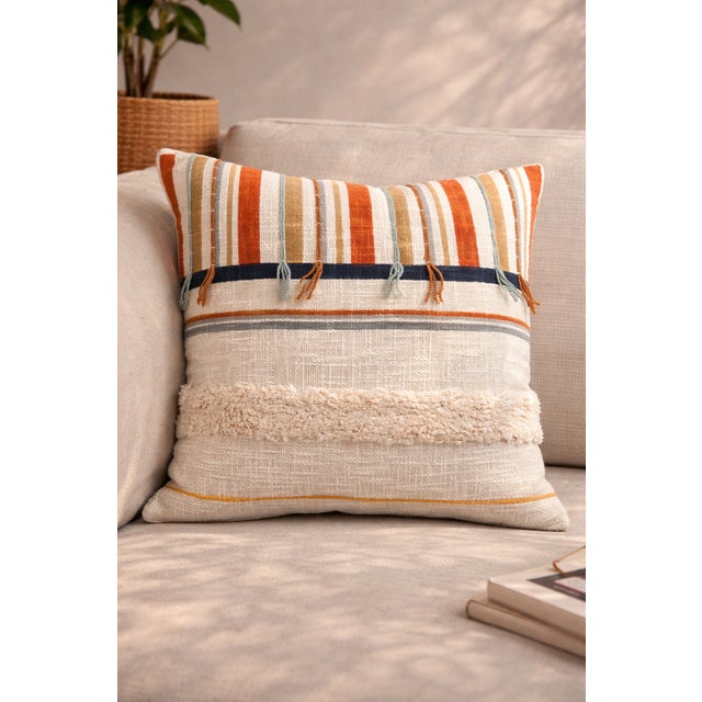 Rust & Indigo Textured Stripe Embroidered Cushion Cover 50 X 50 CMS Set of 2 For Sale - Image 4 of 4