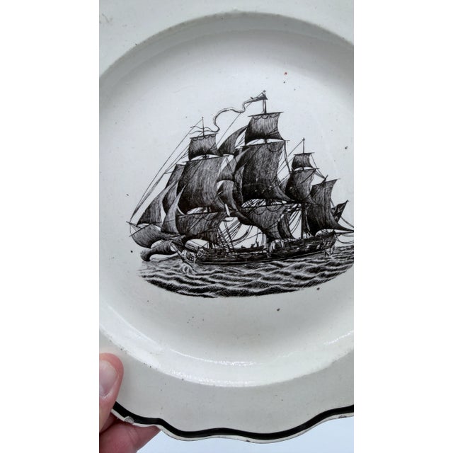 A Very Nice Antique English Liverpool Creamware Plate With Black Transfer Ship, Circa 1780's Made in England, circa...