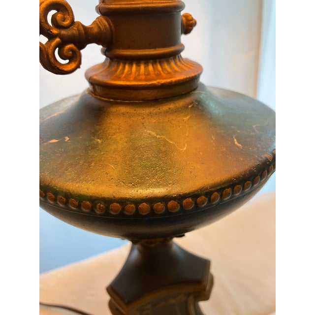 Traditional Early 20th Century Handpainted With Marbelizing Mental Lamp in Green, Black and Gold With Black Paper Shade. 28” Over-All Hight. For Sale - Image 3 of 7