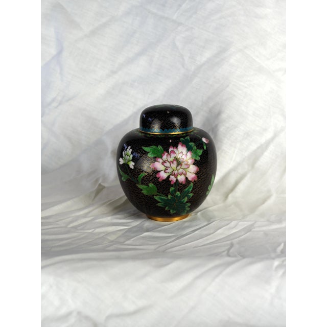 Mid-Century Chinese Black Floral Cloisonne Ginger Jar For Sale - Image 4 of 11