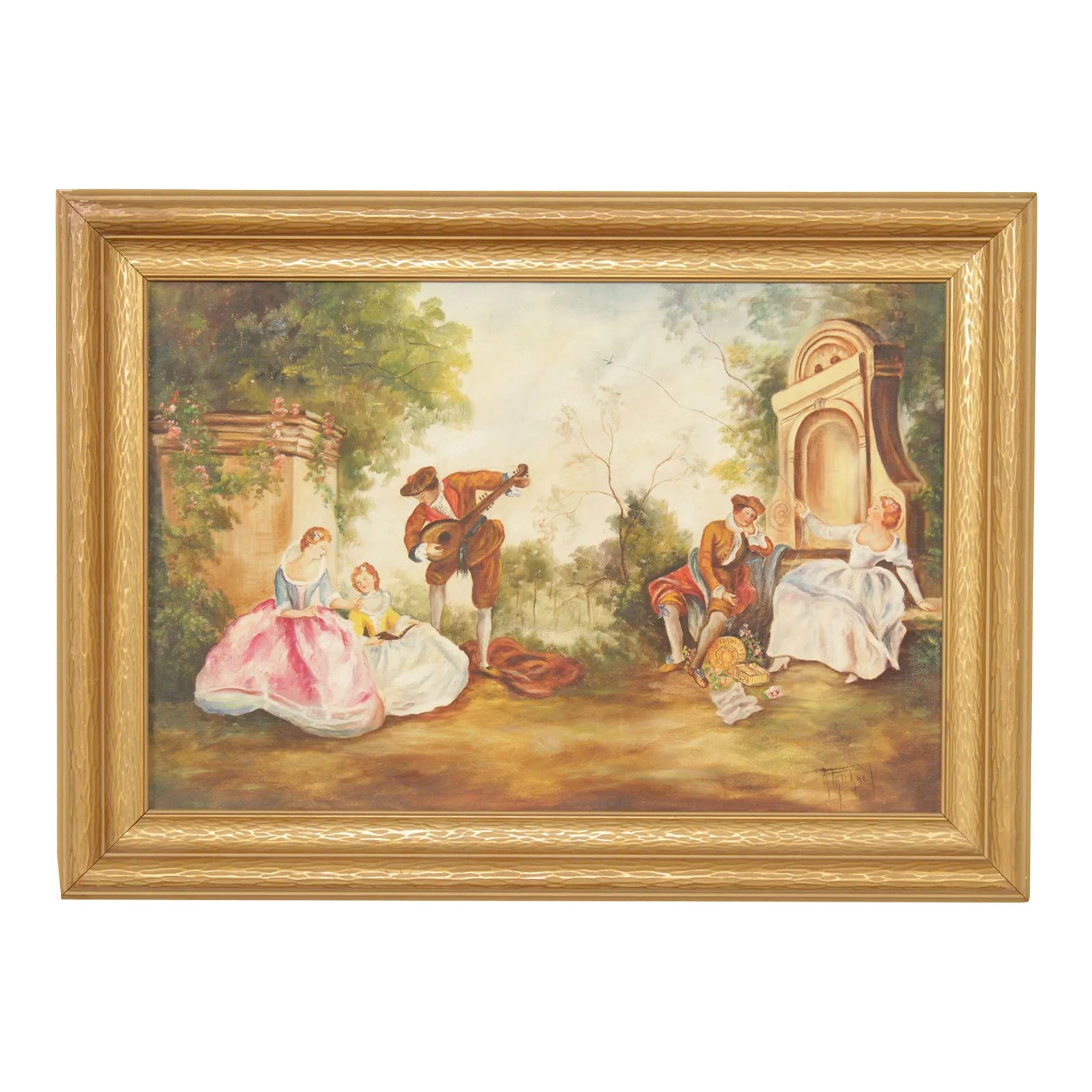 Vintage 20th C. French Rococo Style Garden Scene Painting, After ...