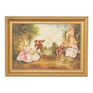 Vintage 20th C. French Rococo Style Garden Scene Painting, After Nicolas Lancret