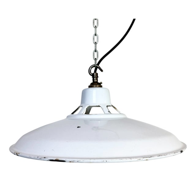 Industrial White Enamel Factory Pendant Lamp, 1960s For Sale