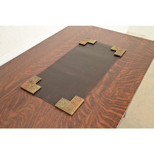 Art Deco Tiffany Studios New York Bookmark Pattern Bronze Doré and Enamel Blotter Corners With Leather Desk Blotter For Sale - Image 3 of 13