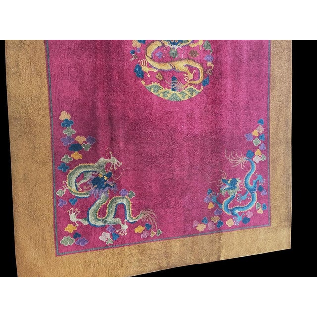 Early 20th Century 1920s Red Dragon Antique Chinese Art Deco Rug 6' X 8'9 Handknotted Wool Carpet For Sale - Image 5 of 6
