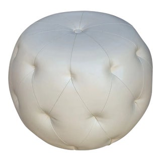 Late 20th Century Mid Century Modern White Faux Leather Round Puff Ottoman Stool For Sale