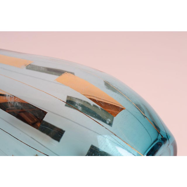 Vintage Hungarian Hand Blown Blue Crystal Glass Pitcher With Gold Leaf Accents For Sale - Image 9 of 15