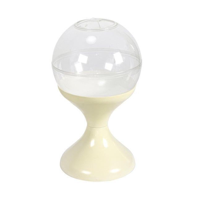 Vintage 1970s space age terrarium made of plastic by Tiera Casa, featuring a tulip-style pedestal base in cream and a...