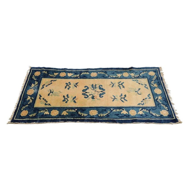 Chinese 2'x4' Antique Chinese Peking Rug | Blue & Beige Floral For Sale - Image 3 of 9