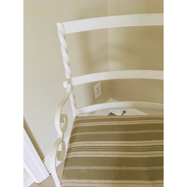 Vintage white painted iron armchair fauteuil with spindle and scrolled arms and legs. Purchased in France for my home...