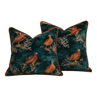 Mulberry Home Game Show Teal Velvet Pheasant Pillows - A 22" Pair For Sale