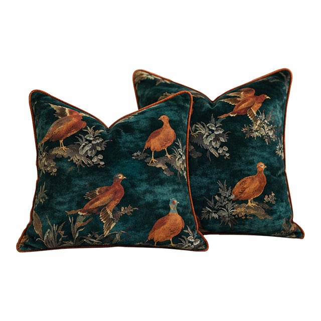 Mulberry Home Game Show Teal Velvet Pheasant Pillows - A 22" Pair For Sale