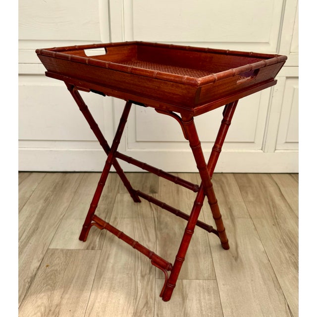 Vintage Faux Bamboo Folding Butler's Tray Table With Woven Cane Tray For Sale - Image 4 of 14