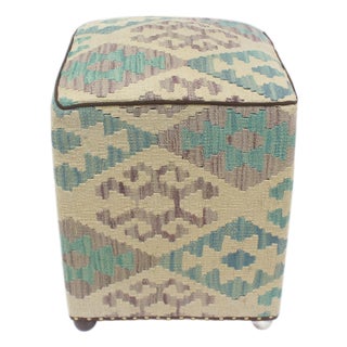 Rustic Beige/Teal Handmade Kilim Upholstered Ottoman For Sale