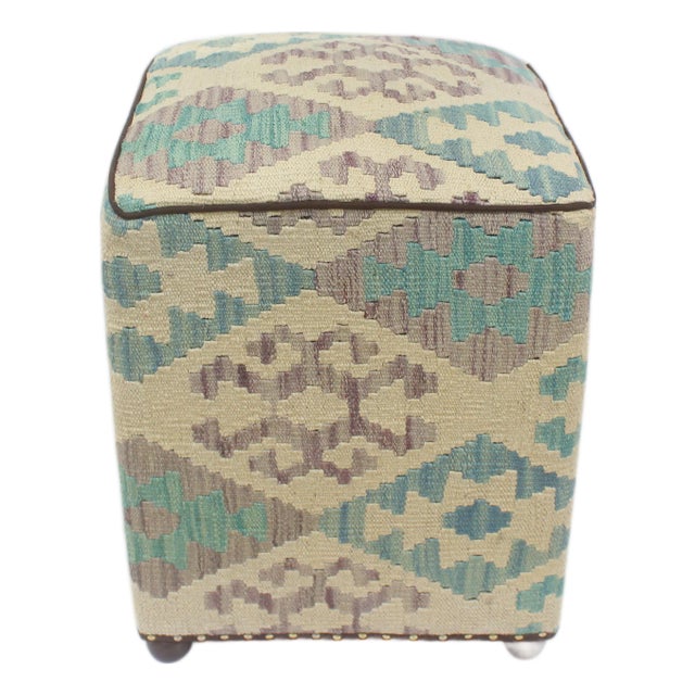 Rustic Beige/Teal Handmade Kilim Upholstered Ottoman For Sale