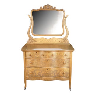 Antique Victorian Quartersawn Oak Serpentine Oxbow Dresser & Mirror Washstand For Sale