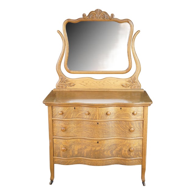 Antique Victorian Quartersawn Oak Serpentine Oxbow Dresser & Mirror Washstand For Sale
