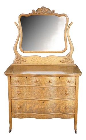 Antique Victorian Quartersawn Oak Serpentine Oxbow Dresser & Mirror Washstand