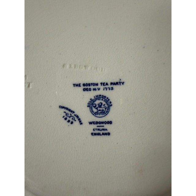 Vintage Wedgwood Etruria England. Boston Tea Party pattern flow blue plate. Measures 9.5” diameter. No cracks or chips....